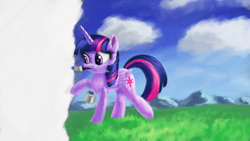 Size: 4000x2250 | Tagged: safe, artist:flusanix, imported from derpibooru, twilight sparkle, alicorn, pony, cloud, female, fourth wall, grass, mare, mountain, mountain range, mouth hold, paint can, paintbrush, painting, sky, solo, twilight sparkle (alicorn)