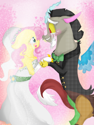Size: 3120x4160 | Tagged: safe, artist:cocolove2176, imported from derpibooru, discord, fluttershy, anthro, draconequus, pegasus, abstract background, arm hooves, bipedal, blushing, chest fluff, clothes, crying, discoshy, dress, female, heart, holding hands, jewelry, male, mare, necklace, open mouth, shipping, smiling, straight, suit, tears of joy, wedding dress, wings