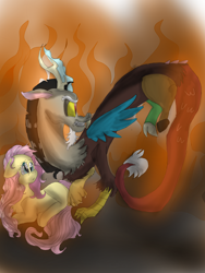 Size: 3120x4160 | Tagged: safe, artist:cocolove2176, imported from derpibooru, discord, fluttershy, draconequus, pegasus, pony, discoshy, female, flying, looking back, male, mare, protecting, shipping, straight, wings