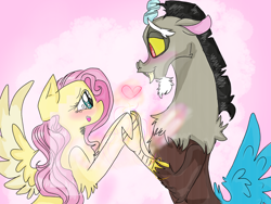 Size: 4160x3120 | Tagged: safe, artist:cocolove2176, imported from derpibooru, discord, fluttershy, draconequus, pegasus, pony, abstract background, blushing, bust, chest fluff, discoshy, eyelashes, female, heart, holding hands, male, mare, open mouth, shipping, smiling, straight, wings