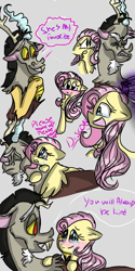 Size: 1080x2160 | Tagged: safe, artist:cocolove2176, imported from derpibooru, discord, fluttershy, draconequus, pegasus, pony, bust, dialogue, discoshy, eyelashes, female, male, mare, open mouth, shipping, smiling, straight, wings