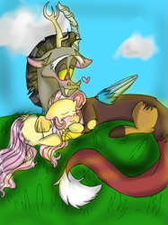 Size: 899x1200 | Tagged: safe, artist:cocolove2176, imported from derpibooru, discord, fluttershy, draconequus, pegasus, pony, blushing, cloud, discoshy, eyes closed, female, grass, heart, lying down, male, mare, prone, shipping, sleeping, straight, wings