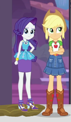 Size: 457x790 | Tagged: safe, artist:thedarkpony, edit, edited screencap, imported from derpibooru, screencap, applejack, rarity, equestria girls, equestria girls series, rollercoaster of friendship, cropped, crossed arms, geode of shielding, geode of super strength, magical geodes, mud, mud edit, muddy shoes, rarity peplum dress