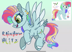 Size: 2283x1668 | Tagged: safe, artist:caramelbolt24, imported from derpibooru, oc, oc only, oc:rainbow blitz, pegasus, pony, abstract background, colored hooves, ear fluff, eyelashes, feathered fetlocks, female, flying, magical lesbian spawn, mare, multicolored hair, offspring, open mouth, parent:fluttershy, parent:rainbow dash, parents:flutterdash, pegasus oc, rainbow hair, raised hoof, signature, smiling, two toned wings, wings