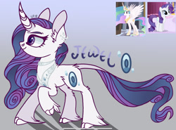 Size: 2257x1668 | Tagged: safe, artist:caramelbolt24, imported from derpibooru, princess celestia, rarity, oc, alicorn, classical unicorn, pony, unicorn, cloven hooves, ear fluff, eyelashes, female, gradient background, horn, jewelry, leonine tail, magical lesbian spawn, mare, offspring, parent:princess celestia, parent:rarity, parents:rarilestia, peytral, raised hoof, screencap reference, signature, tiara, unicorn oc, unshorn fetlocks, wings