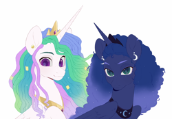 Size: 1280x893 | Tagged: safe, artist:delzol, imported from derpibooru, princess celestia, princess luna, alicorn, pony, alternate hairstyle, duo, ear piercing, piercing, royal sisters, siblings, simple background, sisters, white background