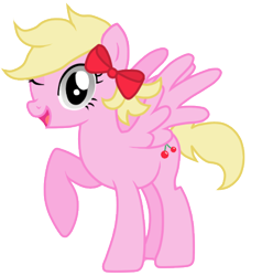 Size: 400x420 | Tagged: safe, artist:partiallybatty, imported from derpibooru, oc, oc:cherry twist, pegasus, pony, bow, commission, female, mare, one eye closed, open mouth, raised hoof, raised leg, simple background, transparent background