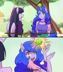 Size: 1736x1980 | Tagged: safe, artist:traupa, imported from derpibooru, izzy moonbow, twilight sparkle, alicorn, anthro, unicorn, anime style, arm behind back, ball, duo, female, g5, horn, horn guard, hornball, izzy's tennis ball, jewelry, necklace, open mouth, subtitles, sweat, sweatdrop, tennis ball, twilight sparkle (alicorn), wings