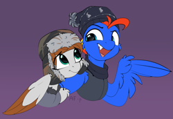 Size: 3153x2163 | Tagged: safe, artist:airfly-pony, imported from derpibooru, oc, oc only, oc:scarlett drop, oc:wing hurricane, pegasus, pony, female, hat, male, mare, pegasus oc, scarricane, stallion, ushanka