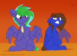 Size: 3500x2543 | Tagged: safe, artist:airfly-pony, imported from derpibooru, oc, oc only, oc:cobalt, oc:weldbead, pegasus, pony, banana, dexterous hooves, eye clipping through hair, female, food, male, pegasus oc, shipping, sitting, varying degrees of want, wings