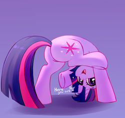 Size: 2248x2128 | Tagged: safe, artist:taneysha, edit, editor:drtoughlove, imported from twibooru, twilight sparkle, pony, unicorn, butt, cute, dialogue, ear fluff, female, heart, high res, image, looking at you, looking back, looking back at you, looking between legs, mare, needs more jpeg, open mouth, plot, purple background, silly, silly pony, simple background, smiling, solo, twiabetes, twibooru exclusive, twibutt, unicorn twilight, upside down, wingless, wingless edit