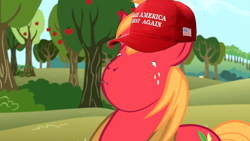 Size: 1920x1080 | Tagged: safe, edit, edited screencap, imported from derpibooru, screencap, big macintosh, pony, no second prances, maga hat, op is a duck, politics