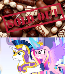 Size: 1074x1222 | Tagged: safe, edit, edited screencap, imported from derpibooru, screencap, princess cadance, shining armor, alicorn, pony, the beginning of the end, angry, chocolate, female, food, male, mare, stallion