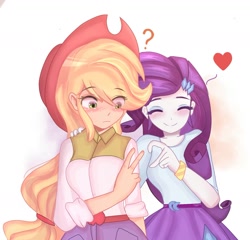 Size: 1544x1485 | Tagged: safe, artist:pby87, imported from derpibooru, applejack, rarity, equestria girls, blushing, cute, eyes closed, female, floating heart, heart, lesbian, question mark, rarijack, shipping, smiling