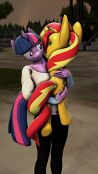 Size: 1080x1920 | Tagged: safe, artist:litterpaws, imported from derpibooru, sunset shimmer, twilight sparkle, anthro, unicorn, 3d, anthro with ponies, carrying, female, hugging a pony, source filmmaker