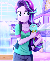 Size: 1784x2163 | Tagged: safe, artist:the-butch-x, imported from derpibooru, starlight glimmer, human, equestria girls, mirror magic, spoiler:eqg specials, beanie, blue eyes, breasts, cleavage, female, food, fountain, hand on hip, happy, hat, ice cream, indoors, mall, multicolored hair, purple skin, shiny skin, smiling, solo, spoilers for another series, that human sure does love ice cream, waffle cone