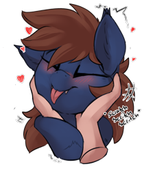 Size: 2226x2457 | Tagged: safe, alternate version, artist:beardie, imported from derpibooru, oc, oc only, oc:warly, bat pony, human, alternate character, beardies scritching ponies, blushing, commission, disembodied hand, ear tufts, eyes closed, fangs, hand, happy, heart, long tongue, male, petting, simple background, tongue out, transparent background, ych result
