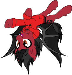 Size: 5000x5166 | Tagged: safe, artist:aureai, imported from derpibooru, bat pony, pony, bat wings, behaving like a bat, clandestine industries, clothes, commission, ear fluff, fall out boy, fangs, flying, happy, hoodie, hoof fluff, male, open mouth, pete wentz, ponified, simple background, slit eyes, slit pupils, solo, stallion, transparent background, underhoof, upside down, vector, wings