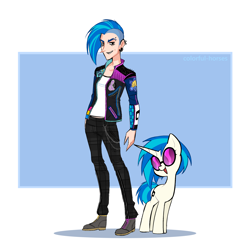 Size: 2500x2500 | Tagged: safe, artist:syrupyyy, artist:watchoutoprah, imported from derpibooru, dj pon-3, vinyl scratch, human, pony, unicorn, alternate hairstyle, boots, chains, clothes, ear piercing, earring, eyebrow piercing, female, grin, horn, human ponidox, humanized, implied coloratura, implied lesbian, implied octavia, implied scratchtavia, implied shipping, jacket, jeans, jewelry, long horn, mare, open mouth, pansexual, pansexual pride flag, pants, piercing, pride, pride flag, punk, self ponidox, shirt, shoes, smiling, t-shirt, vinyl's glasses