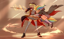 Size: 1236x750 | Tagged: safe, artist:w33484365, artist:卯卯七, imported from derpibooru, applejack, rainbow dash, human, broom, clothes, crossover, flying, flying broomstick, harry potter, harry potter (series), humanized, magic wand, necktie, pleated skirt, shoes, skirt, socks, stockings, thigh highs, wand, wizard robe, zettai ryouiki