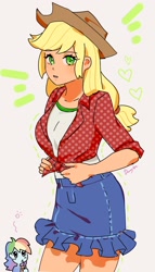 Size: 1170x2048 | Tagged: safe, artist:w33484365, artist:卯卯七, imported from derpibooru, kotobukiya, applejack, rainbow dash, equestria girls, appledash, applejack's hat, blushing, clothes, cowboy hat, denim skirt, drink, drinking, female, freckles, front knot midriff, green eyes, hat, heart, juice, juice box, kotobukiya applejack, lesbian, miniskirt, pleated hemline, rolled up sleeves, shipping, shirt, simple background, skirt, stetson, t-shirt