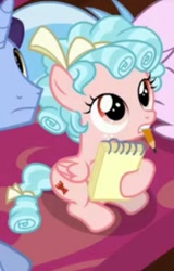 Size: 717x1122 | Tagged: safe, imported from derpibooru, screencap, cozy glow, pegasus, pony, a matter of principals, female, filly, notepad, pencil, solo focus