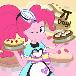 Size: 894x894 | Tagged: safe, artist:dm29, imported from derpibooru, pinkie pie, coinky-dink world, eqg summertime shorts, equestria girls, equestria girls series, clothes, eating, female, food, hat, looking at you, one eye closed, pi day, pie, ponytail, s'mores, server pinkie pie, uniform, waitress, wink, winking at you