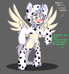 Size: 2556x2760 | Tagged: safe, artist:dreamoonight, imported from derpibooru, oc, oc only, oc:sharlight twiler, alicorn, dalmatian, dog, dracony, dragon, pony, alicorn oc, bipedal, clothes, costume, draco, gray background, horn, offscreen character, simple background, socks, solo, stockings, thigh highs, wings