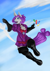 Size: 905x1280 | Tagged: safe, artist:blandy, imported from derpibooru, rarity, anthro, unicorn, boots, clothes, fantasy class, female, gemstones, gloves, jumping, lipstick, magic, magic sword, red mage, shoes, solo