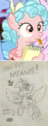 Size: 778x2024 | Tagged: safe, edit, edited screencap, imported from derpibooru, screencap, cozy glow, twilight sparkle, alicorn, big fat meanie, lined paper, notepad, pencil, spongebob squarepants, traditional art, twilight sparkle (alicorn)