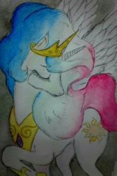 Size: 425x640 | Tagged: safe, artist:daisymane, imported from derpibooru, princess celestia, alicorn, pony, crying, eyes closed, female, france, mare, sad, sadlestia, simple background, solo, spread wings, teary eyes, traditional art, wings