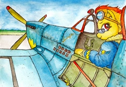 Size: 640x442 | Tagged: safe, artist:daisymane, imported from derpibooru, spitfire, pegasus, pony, bomber jacket, clothes, female, goggles, horseshoes, jacket, mare, namesake, plane, pun, solo, sunglasses, supermarine spitfire, traditional art, visual pun, watercolor painting, wonderbolts