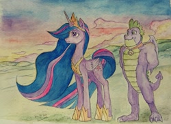 Size: 839x610 | Tagged: safe, artist:daisymane, imported from derpibooru, spike, twilight sparkle, alicorn, dragon, pony, the last problem, duo, female, gigachad spike, male, mare, older, older spike, older twilight, princess twilight 2.0, smiling, traditional art, twilight sparkle (alicorn), watercolor painting