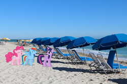 Size: 1920x1280 | Tagged: safe, artist:luckreza8, edit, editor:jaredking203, imported from derpibooru, vector edit, pinkie pie, rainbow dash, twilight sparkle, alicorn, earth pony, pegasus, pony, beach, female, florida, irl, mare, miami, photo, ponies in real life, story included, trio, twilight sparkle (alicorn), umbrella, vector