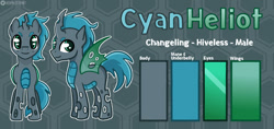 Size: 1280x606 | Tagged: safe, artist:redpalette, imported from derpibooru, oc, oc:cyan heliot, changeling, changeling oc, cute, male, reference sheet, smiling, wings