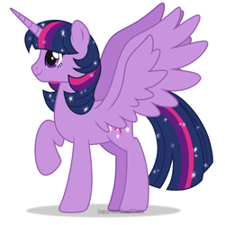 Size: 1900x1900 | Tagged: safe, artist:pigeorgien, imported from derpibooru, twilight sparkle, alicorn, pony, cute, ethereal mane, feathered wings, female, mare, raised hoof, show accurate, simple background, solo, spread wings, starry mane, twiabetes, twilight sparkle (alicorn), white background, wings
