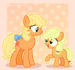 Size: 1105x1038 | Tagged: safe, artist:budgie--boye, artist:pigeorgien, imported from derpibooru, applejack, applejack (g1), earth pony, pony, base used, bow, cute, cuteness overload, duo, female, filly, filly applejack, freckles, g1, g1 to g4, g4, generation leap, jackabetes, looking at each other, raised hoof, self ponidox, tail bow, younger