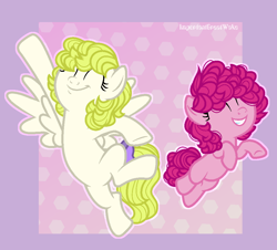 Size: 972x879 | Tagged: safe, artist:angellight-bases, artist:pigeorgien, imported from derpibooru, pinkie pie, surprise, earth pony, pegasus, pony, base used, bow, curly hair, cute, diapinkes, duo, eyes closed, female, filly, filly pinkie pie, g1, g1 to g4, g4, generation leap, jumping, mare, ponk, spread wings, surprise (g1), tail bow, wings, younger
