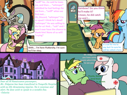 Size: 1023x765 | Tagged: safe, artist:didgereethebrony, imported from derpibooru, discord, fluttershy, nurse redheart, rainbow dash, scootaloo, oc, oc:didgeree, draconequus, earth pony, pegasus, pony, comic:wreck of the renaissance, bandage, bed, crying, friendship express, hospital, hospital bed, ponyville hospital