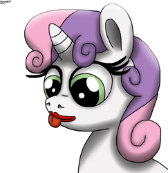 Size: 1650x1699 | Tagged: safe, artist:darkyboode32, derpibooru exclusive, imported from derpibooru, sweetie belle, pony, unicorn, bust, cute, diasweetes, female, filly, lipstick, simple background, solo, tongue out, traditional art, white background