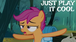 Size: 1920x1080 | Tagged: safe, edit, edited screencap, editor:quoterific, imported from derpibooru, screencap, scootaloo, pegasus, pony, sleepless in ponyville, backpack, balls, bipedal, female, filly, open mouth, solo, t pose