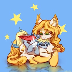 Size: 3000x3000 | Tagged: safe, artist:rrd-artist, imported from derpibooru, oc, oc only, oc:mercury stratos, pegasus, pony, cuddling, eyes closed, female, glasses, male, size difference, smiling, stars, sunglasses