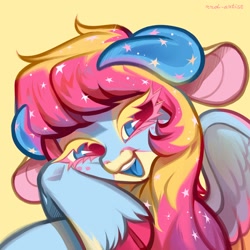 Size: 3000x3000 | Tagged: safe, artist:rrd-artist, imported from derpibooru, oc, oc only, pegasus, pony, cloven hooves, ethereal mane, freckles, horns, open mouth, smiling, solo, sparkles, spread wings, starry mane, wings