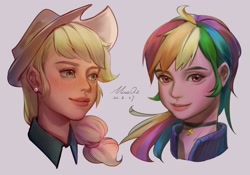 Size: 2048x1430 | Tagged: safe, artist:w33484365, artist:卯卯七, imported from derpibooru, part of a set, applejack, rainbow dash, human, applejack's hat, bust, choker, cowboy hat, duo, ear piercing, earring, female, freckles, hat, humanized, jewelry, piercing, realistic, simple background