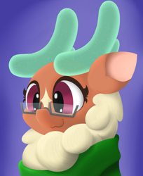 Size: 2656x3250 | Tagged: safe, artist:mrneo, imported from derpibooru, cashmere (tfh), deer, reindeer, them's fightin' herds, bust, clothes, community related, glasses, purple background, scarf, simple background, solo