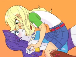 Size: 2160x1620 | Tagged: safe, artist:haibaratomoe, imported from derpibooru, applejack, rarity, equestria girls, equestria girls series, belt, blushing, boots, bracelet, breasts, busty applejack, busty rarity, clothes, cutie mark, cutie mark on clothes, eye contact, female, geode of shielding, geode of super strength, jewelry, lesbian, looking at each other, magical geodes, rarijack, rarity peplum dress, shipping, shoes