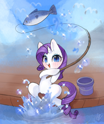 Size: 1745x2084 | Tagged: safe, artist:choyamy, imported from derpibooru, rarity, fish, pony, unicorn, blushing, bucket, cute, female, fishing, fishing rod, open mouth, raribetes, sitting, solo