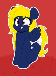 Size: 2951x4000 | Tagged: safe, artist:duckie, imported from derpibooru, oc, oc only, oc:naveen numbers, pegasus, pony, :d, adult foal, cross-eyed, diaper, eye clipping through hair, eyebrows, eyebrows visible through hair, simple background, solo, tongue out