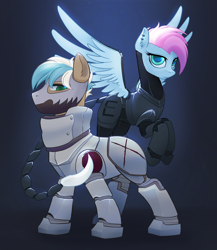 Size: 2434x2808 | Tagged: safe, artist:3-gon, artist:draw3, imported from derpibooru, oc, oc only, oc:alabaster, oc:skyline, pegasus, pony, fallout equestria, armor, clothes, duo, enclave, enclave armor, female, grand pegasus enclave, male, mare, mask, power armor, stallion, weapon, wings