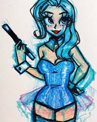 Size: 403x504 | Tagged: safe, artist:shimmer-guts, imported from derpibooru, trixie, human, clothes, cuffs (clothes), eyelashes, female, humanized, lipstick, magic wand, traditional art